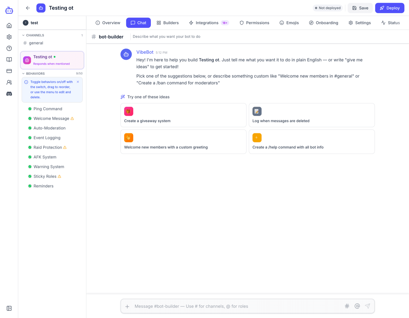 The VibeBot bot builder with the AI Chat panel and the behaviors list