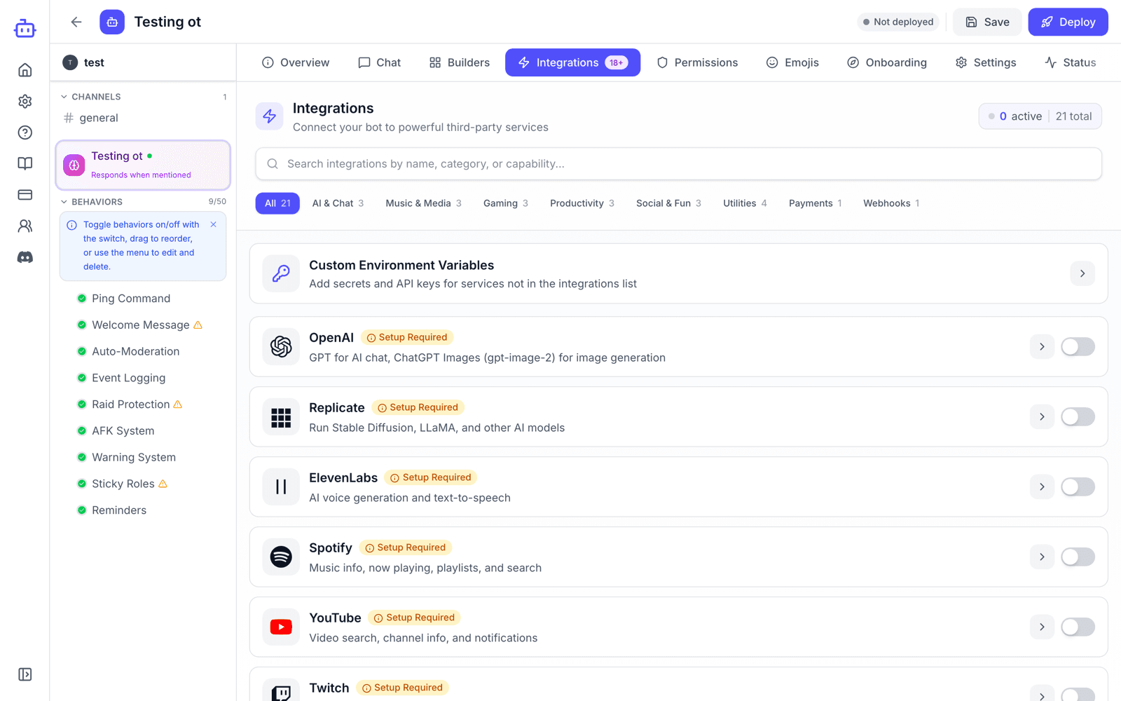 The Integrations tab in the VibeBot builder showing third-party services like OpenAI, ElevenLabs, and Spotify