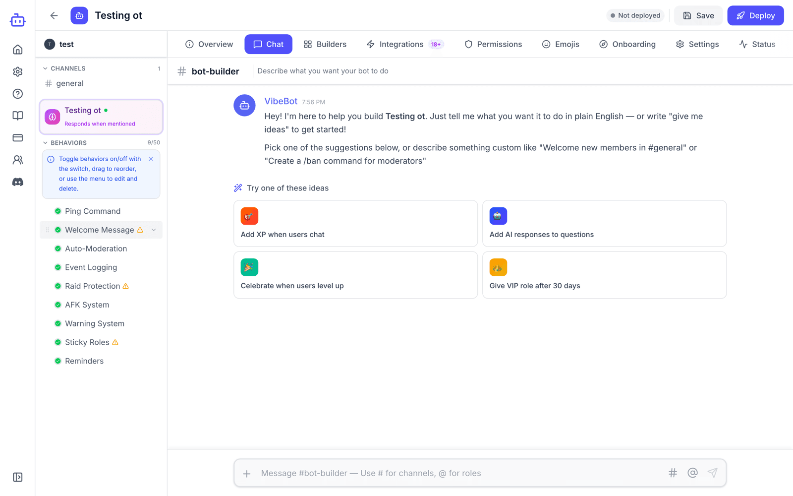 The AI Chat panel in the VibeBot builder with starter suggestion cards