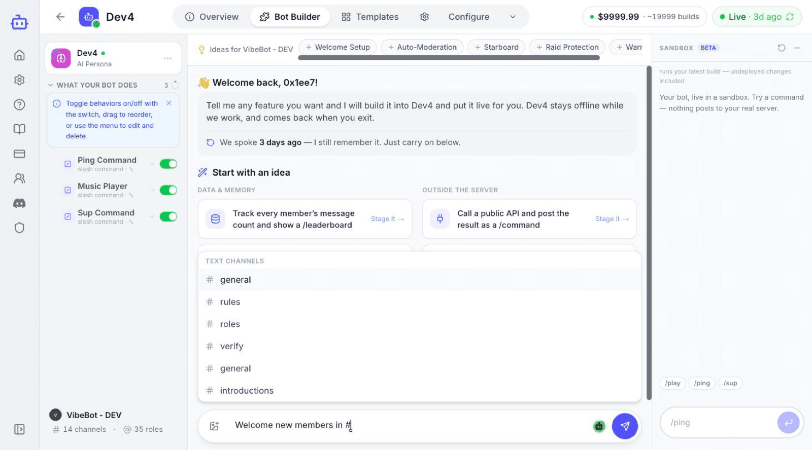 The composer with a channel list open after typing #, listing the connected server's text channels