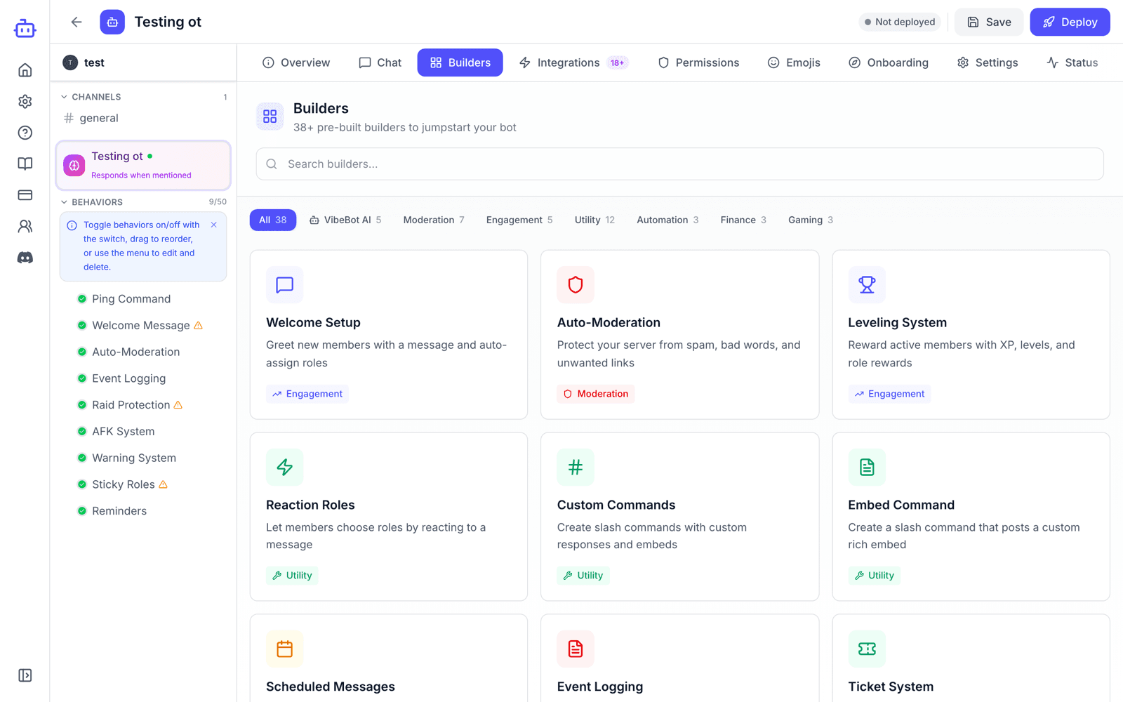 The Templates tab in the VibeBot bot builder showing the full grid of pre-built templates