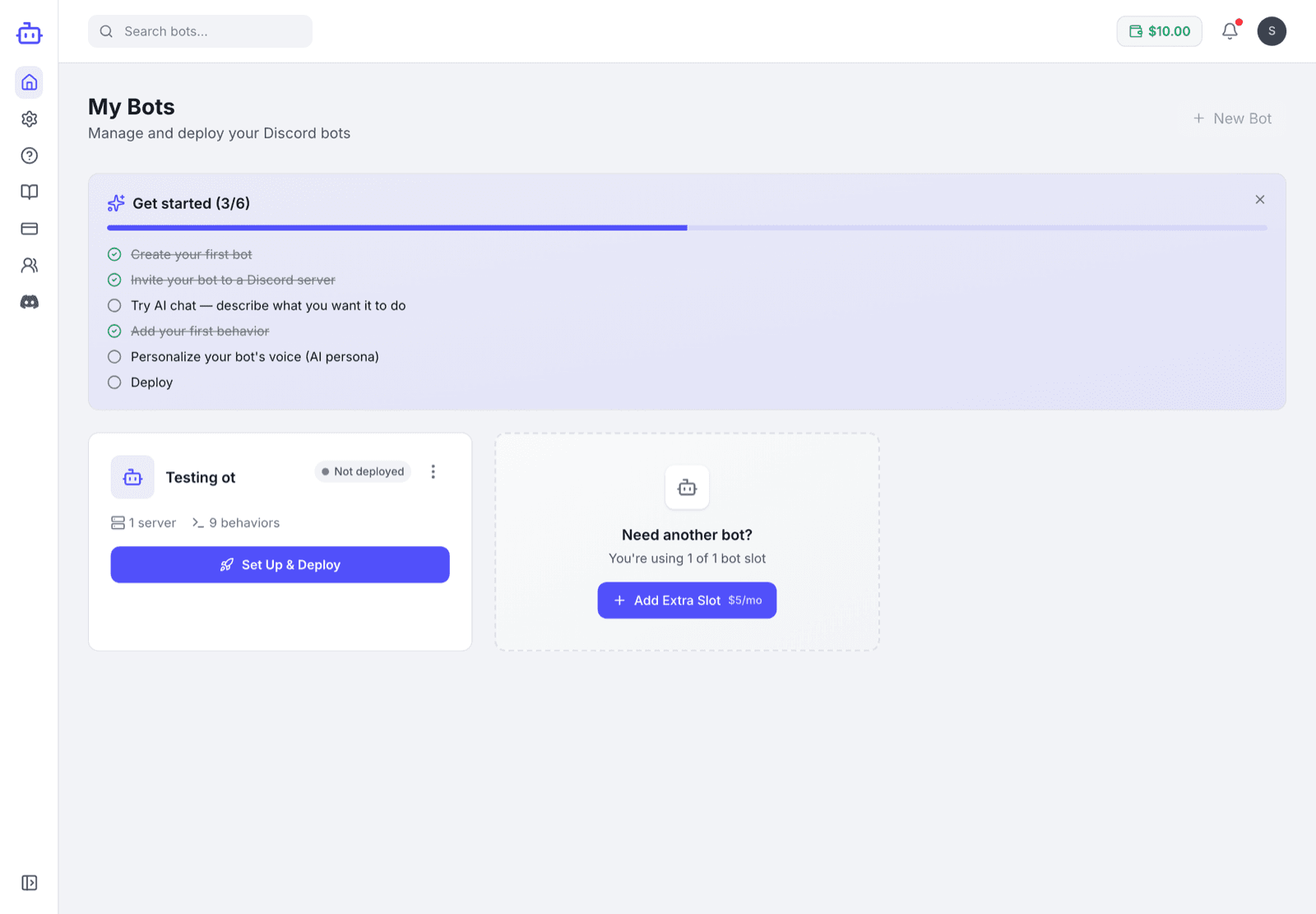 The VibeBot dashboard showing your bots, the credit balance, and a setup checklist