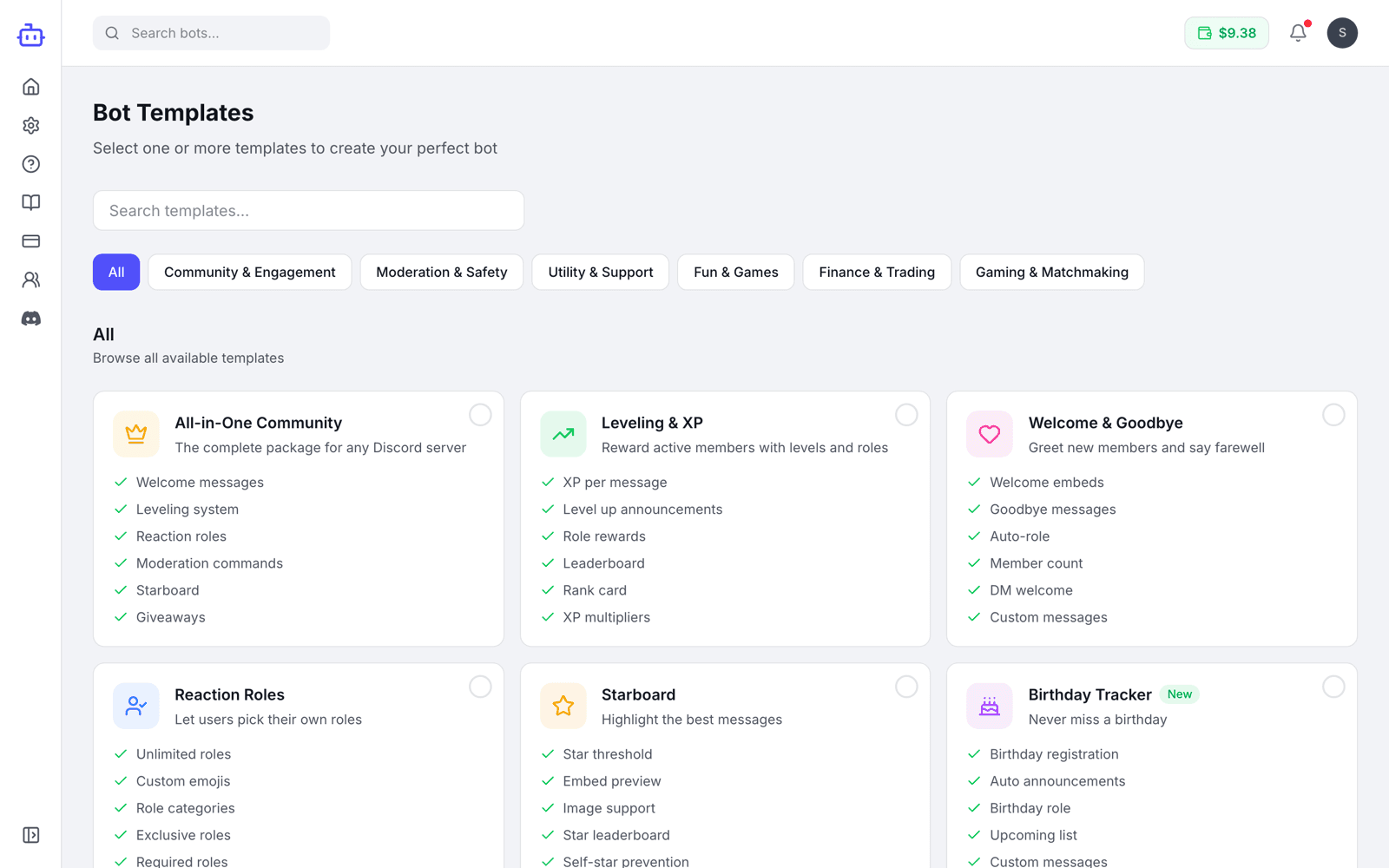 The VibeBot templates page showing ready-made bot templates organized by category
