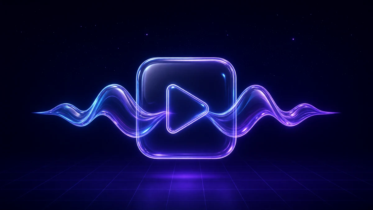 A glossy waveform ribbon threading through a floating play tile