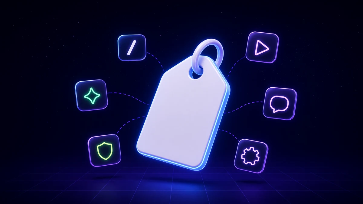 A blank glossy tag floating among free-drifting neon glyph tiles