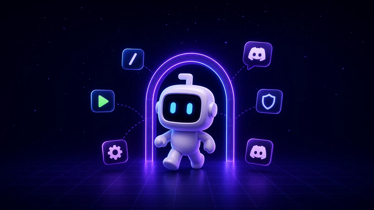 A small robot stepping through a glowing portal arch