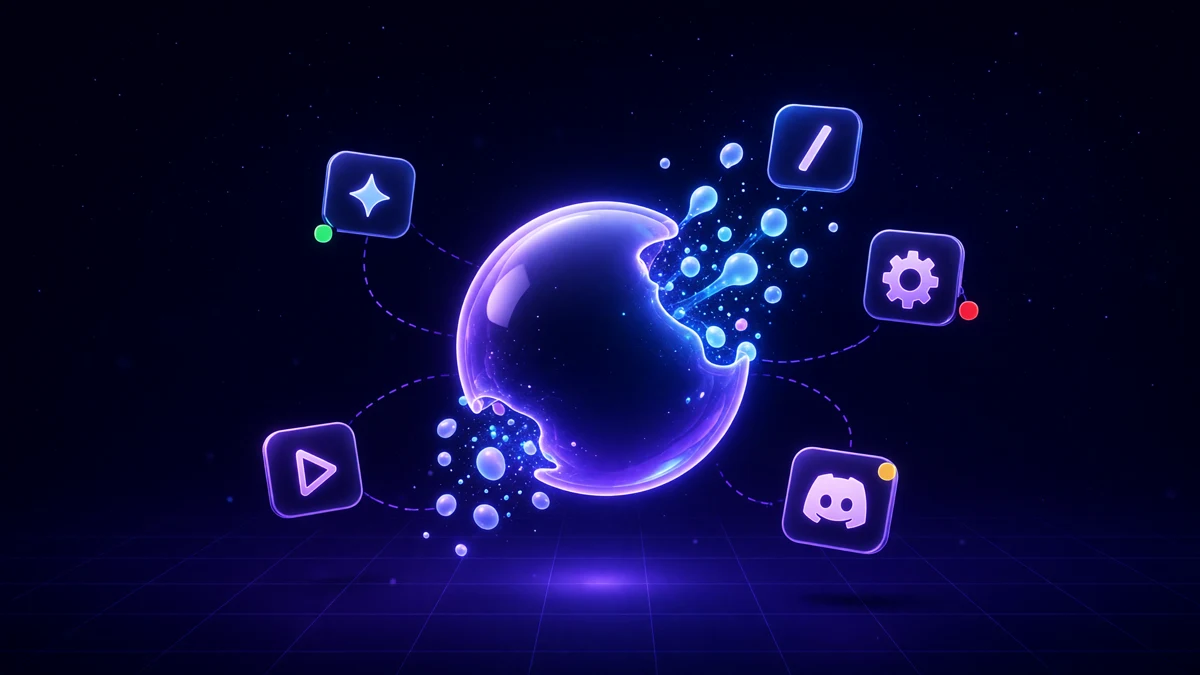 A glowing orb dissolving into drifting particles above a grid floor